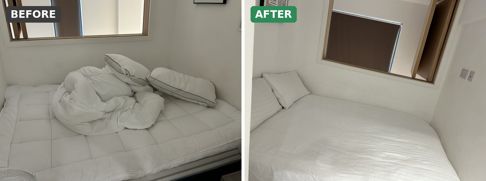 Bedroom reset with fresh linen, before and after