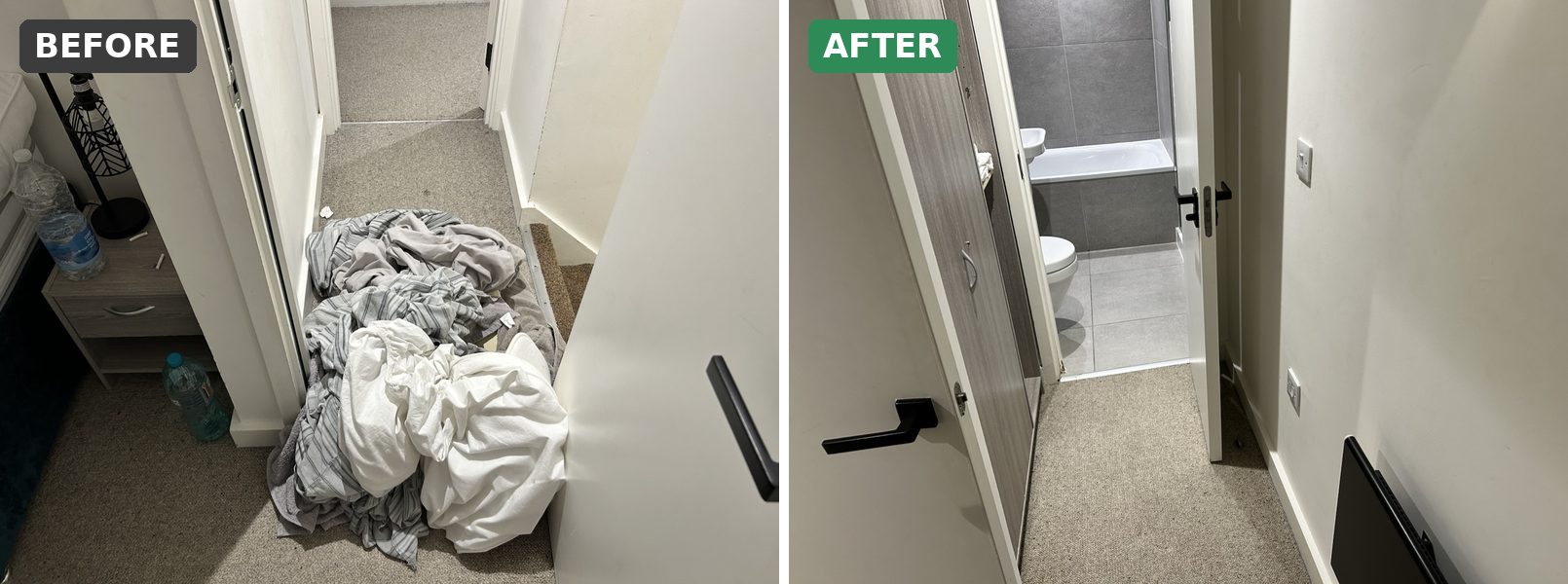 Hallway cleared of laundry and vacuumed, before and after