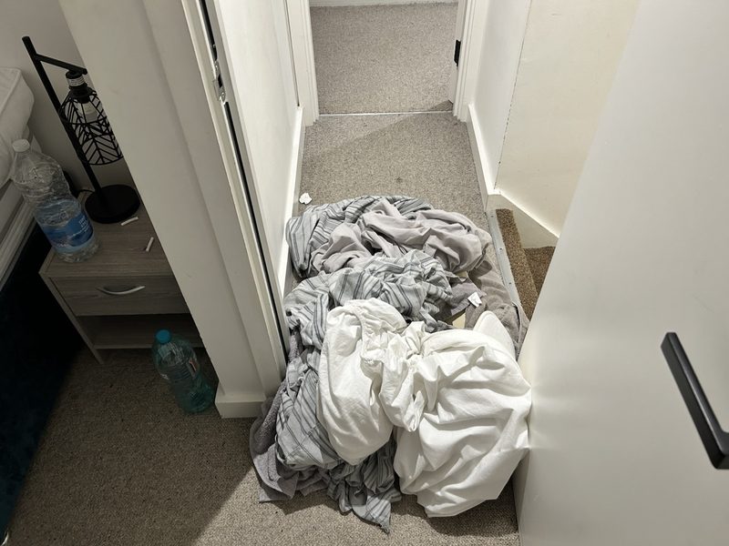 Before: hallway cleared of laundry and vacuumed